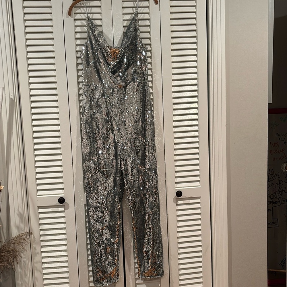 Black Halo Silver Sequin Jumpsuit